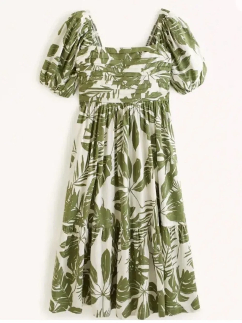 Abercrombie and Fitch Green Leaf-Print Puff Sleeve Midi Dress